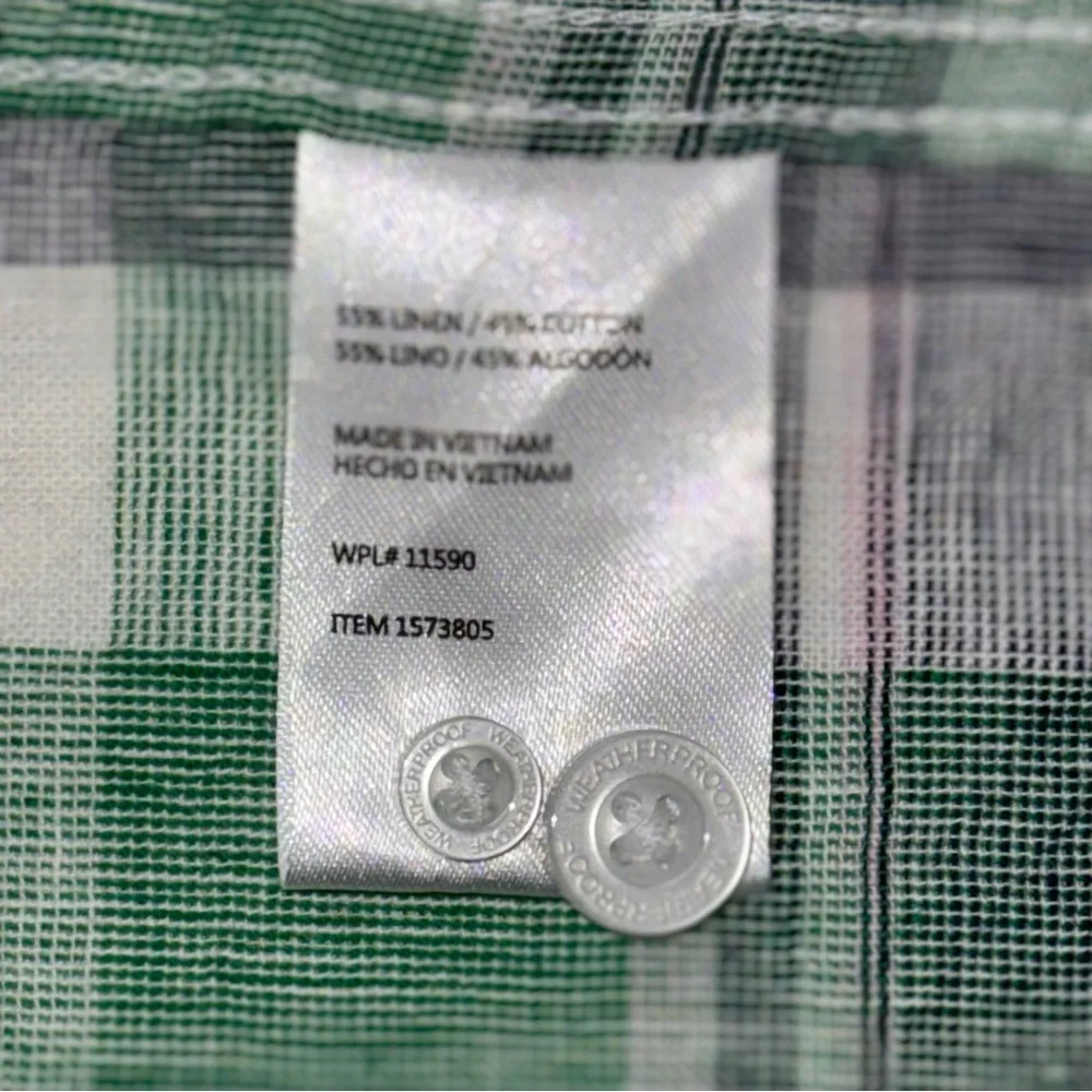 Weatherproof Vintage Men’s Large Linen Green & White Plaid Short Sleeve Shirt - Picture 4 of 10